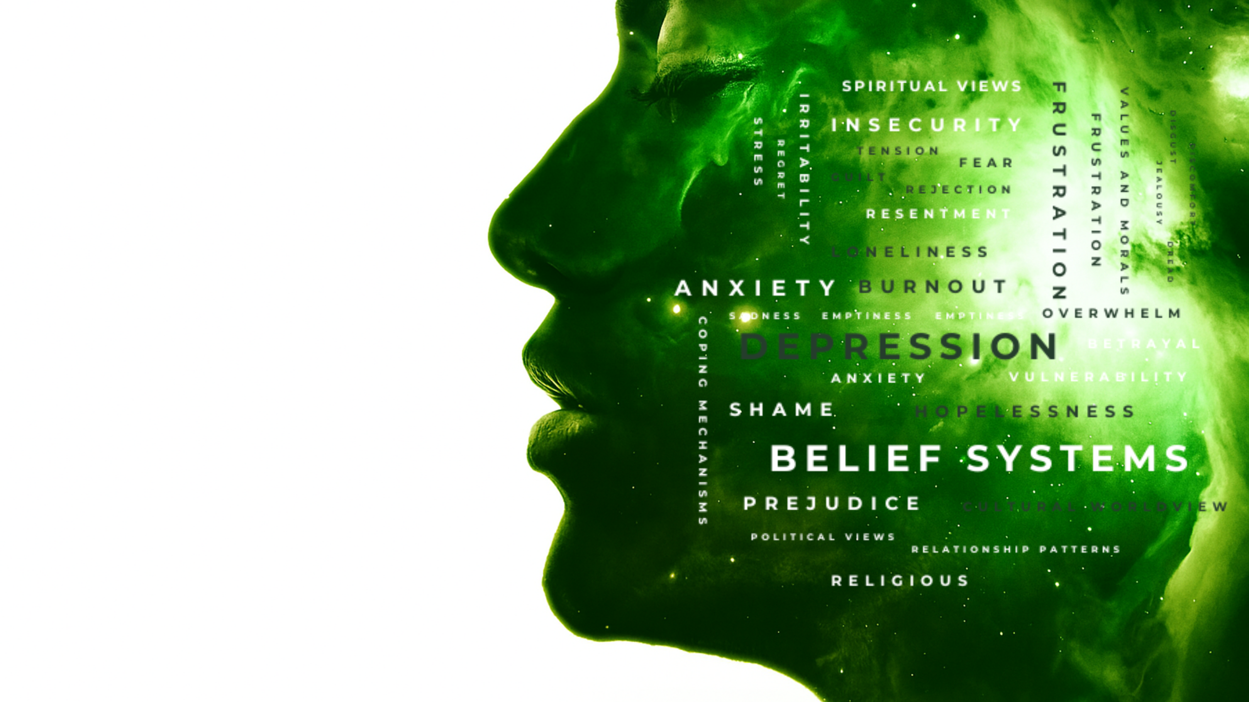 Emotional care and mental wellness illustration — highlights anxiety, depression, belief systems, and the importance of emotional healing and self-awareness