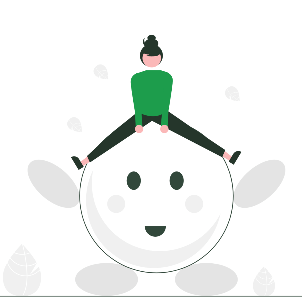 Illustration of a woman sitting on a smiling figure symbolizing how emotions manifest physically in the body.