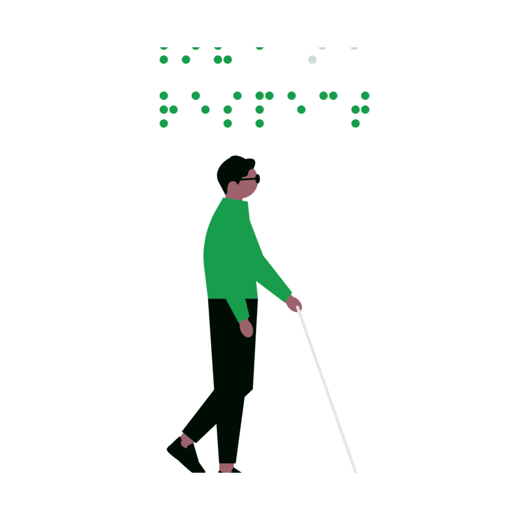 Illustration of a person with a cane walking under braille dots symbolizing awareness and new perception