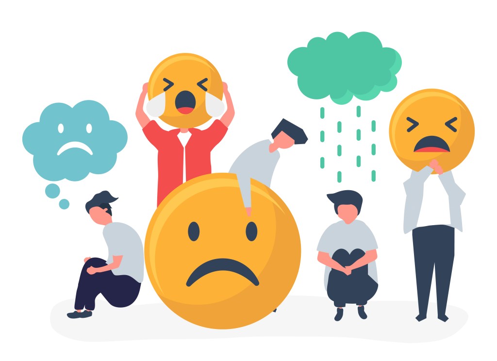 Illustration of people with sad faces, heavy emotions, and rain clouds symbolizing emotional suppression, stress, and the beginning of real healing.