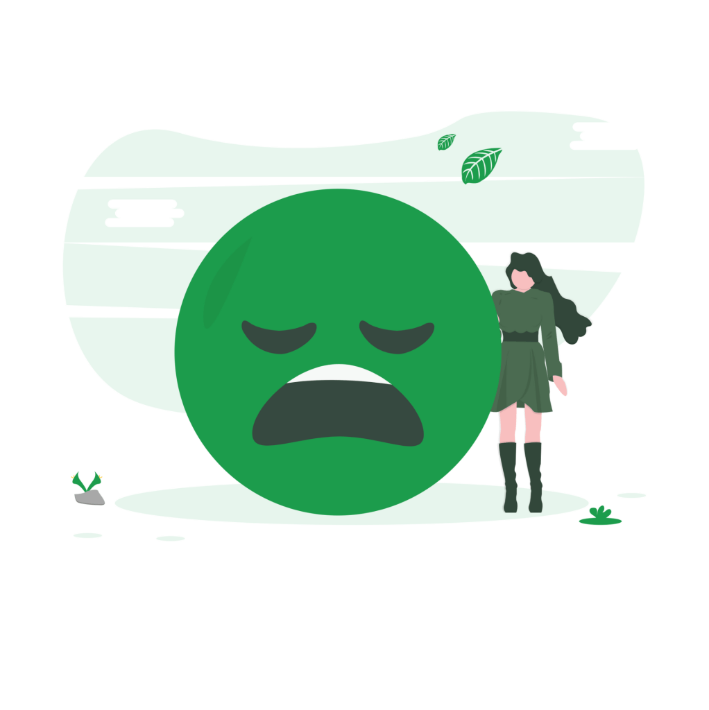 Illustration of a tired green face with closed eyes beside a standing woman, symbolizing emotional exhaustion and stagnation.