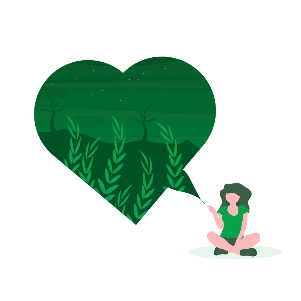 Illustration of a woman sitting cross-legged beside a large green heart with plants growing inside, symbolizing stored emotional energy within the body.