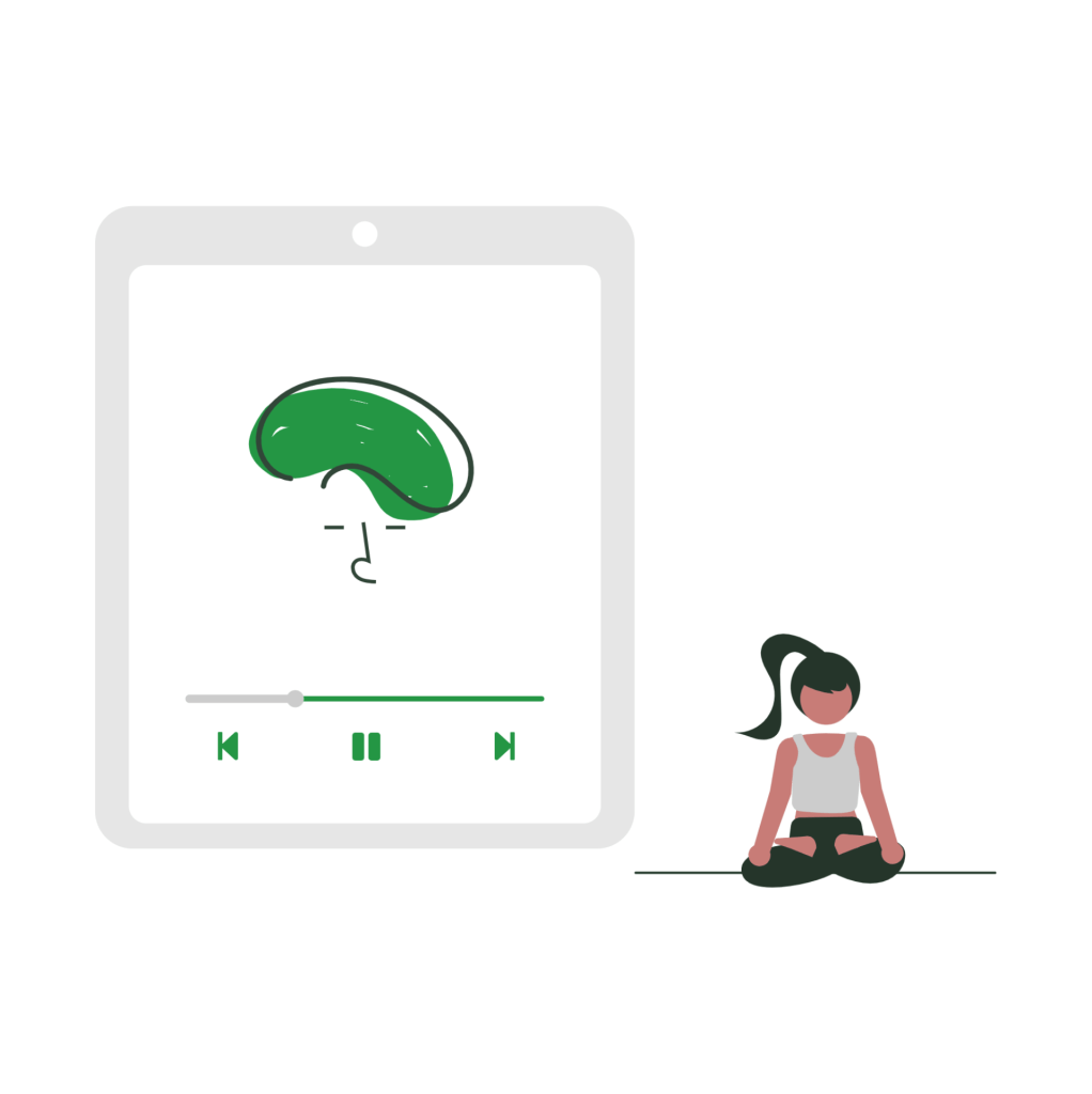 Illustration of a woman sitting cross-legged in meditation beside a digital tablet screen showing an abstract green face, symbolizing mindfulness, journaling, and emotional awareness.
