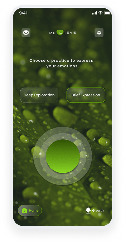 Screenshot of the Relieve App showing two options for emotional journaling: "Deep Exploration" and "Brief Expression," designed to support healing through writing practices.