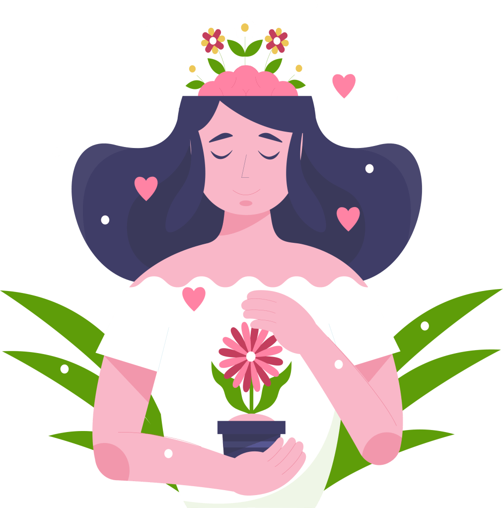 Illustration of a peaceful woman holding a blooming flower, symbolizing emotional release, healing, and inner growth through writing.