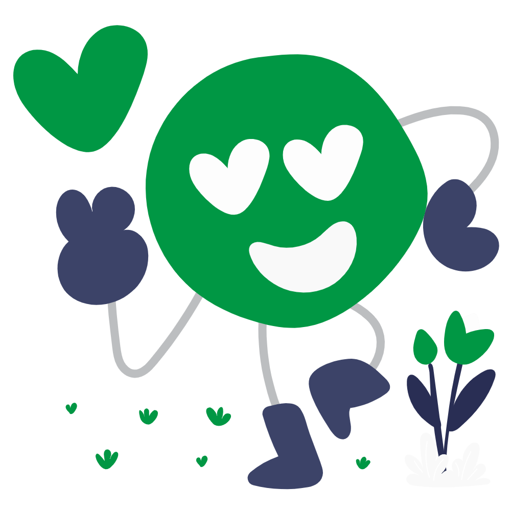 Happy green character with heart eyes and a big smile, surrounded by hearts and plants, representing self-love, emotional awareness, and the first step toward healing.