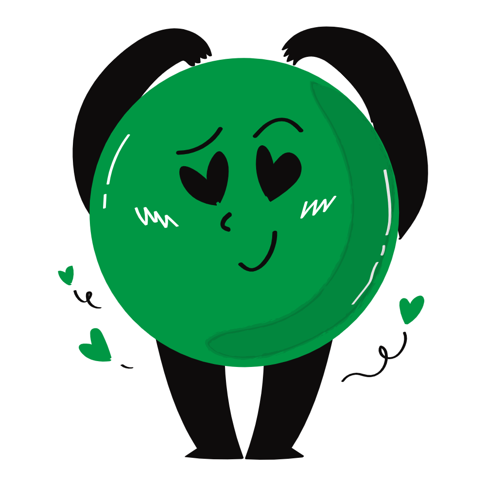 Illustration of a smiling green character with heart-shaped eyes and small floating hearts, symbolizing love, care, and emotional healing through writing.