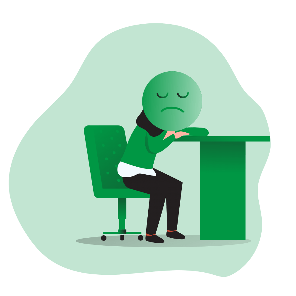 Illustration of a tired person with a sad face resting on a desk, symbolizing emotional burden and chronic stress