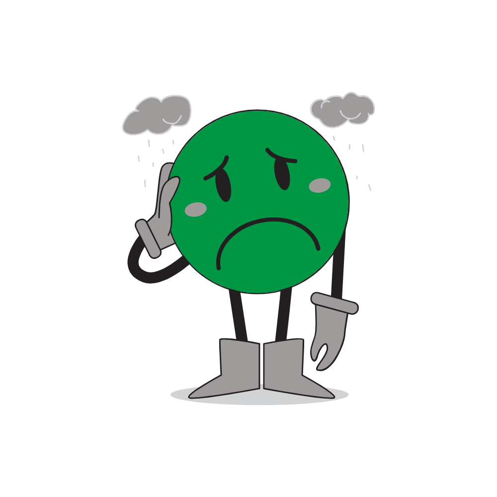 Illustration of a sad green face character with storm clouds above its head, holding its temple, symbolizing stress, emotional suppression, and hidden fatigue.