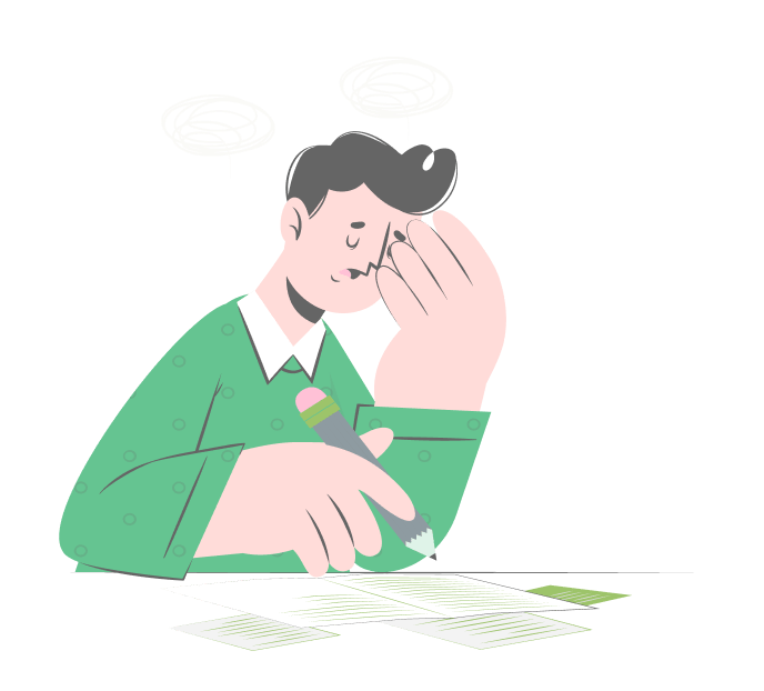 Illustration of a man sitting at a desk with a pen in hand, holding his forehead in thought, symbolizing emotional overwhelm and the healing process of journaling.